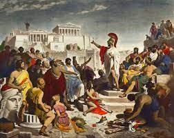 The pictorial illustration of the Athenian parliament shows its crowded activity and deliberate spirit. Citizens debate and argue passionately in the foreground